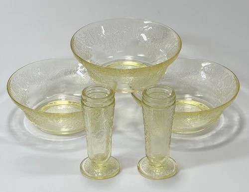 Vtg Hazel Atlas Florentine Yellow Depression Glass S/P No Lids & 3 Fruit Bowls
