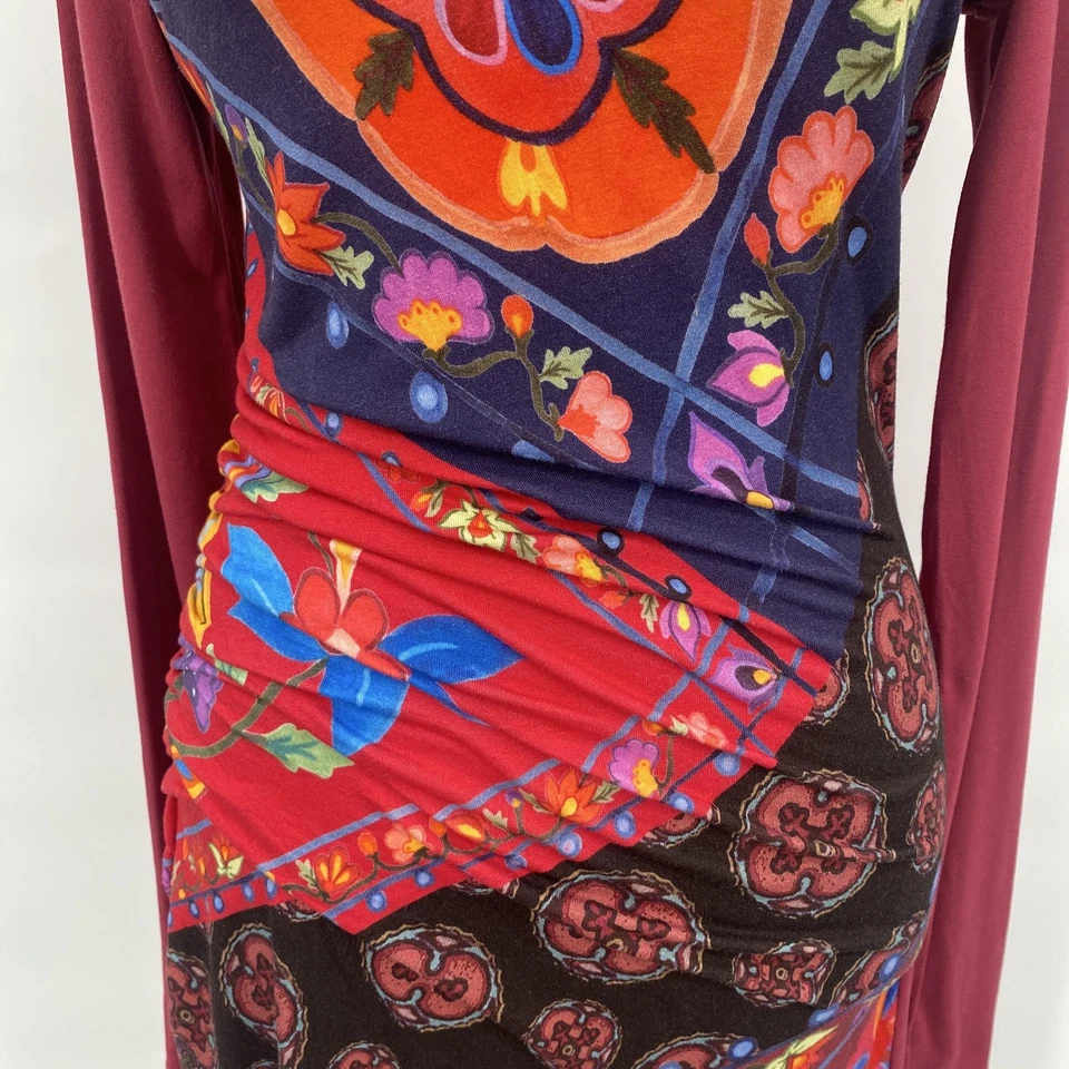 Desigual Dress Womens Small Red Multicolor Floral Ruched Stretch Mod Boho Spain - Image 3 of 4