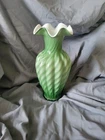 Vintage 1980's Fenton Vase Green Swirl Twisted White Milk Glass