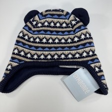 Gymboree Hat Cap Fitted Baby 0-6 Months Blue Brown Earflap Knit Tree Pattern
