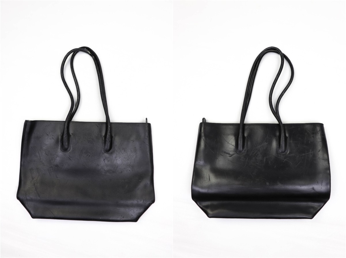 FURLA Vintage Distressed Black Leather Hand Shoulder Bag 38x28 cm