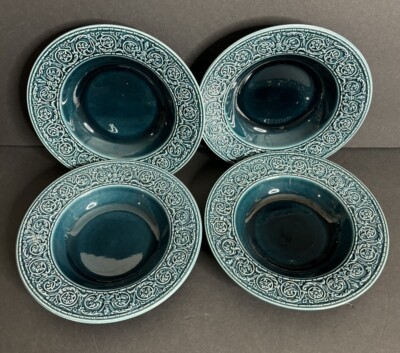 4 Crown Devon Rimmed Soup Bowls Blue Green Embossed Made in England 8''