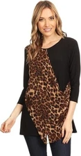 The Branch Women's Black with Cheetah 3/4 Sleeve Top (T-1182) F3(A644T)