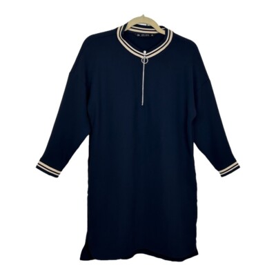 Zara Basic Woman's Zip Front Shift Dress XS Blue Tan 3/4 Zip Sleeve Pocket NEW