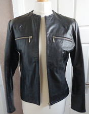 Ladies Short Collarless Zip Front Black Leather Jacket Size 10 By Kit
