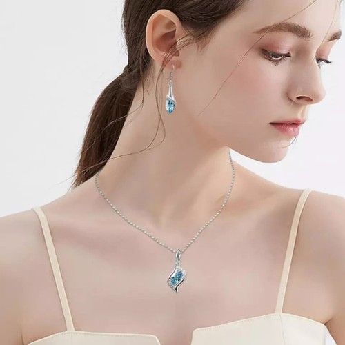 Shiny Silver Necklace Bracelet Set Water Drop Cubic Zirconia Teardrop Pendant - Picture 6 of 24