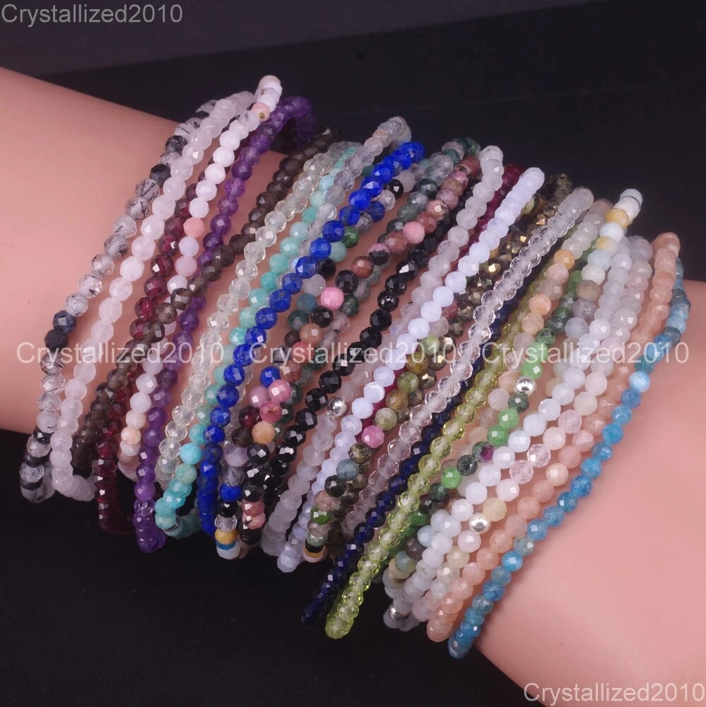 Natural Faceted Round Gemstone 2mm 3mm 4mm Handmade Beads Stretchy Bracelet  925