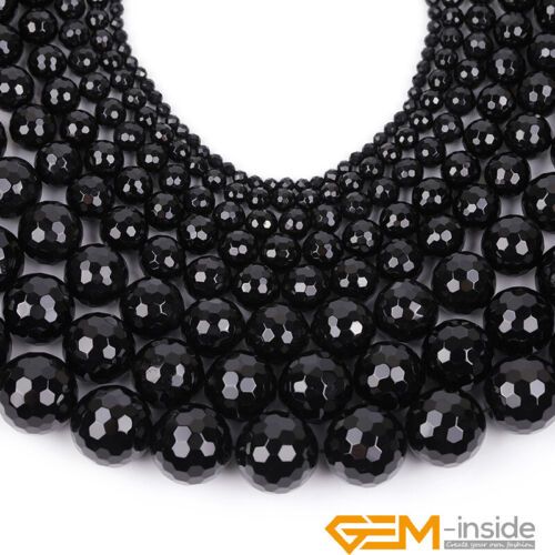 Natural Black Agate Onyx Faceted Round Loose Spacer Beads For Jewelry Making 15" - Picture 2 of 60