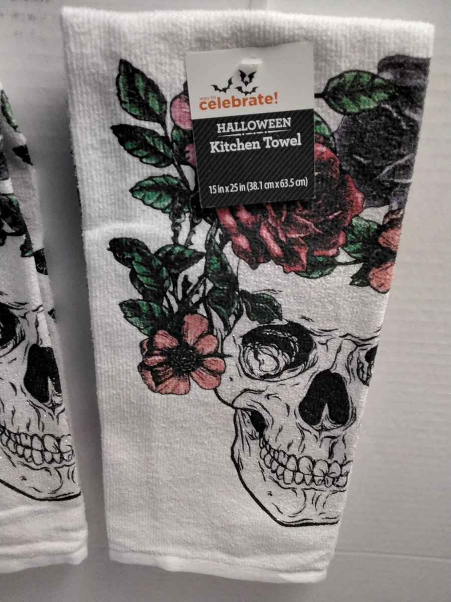 Halloween Skull Kitchen Dish Towels Set of 2 100 Cotton eBay
