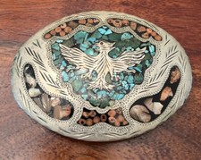 Vtg Turquoise Coral Abalone Inlay Thunderbird Hand Made Western Belt Buckle