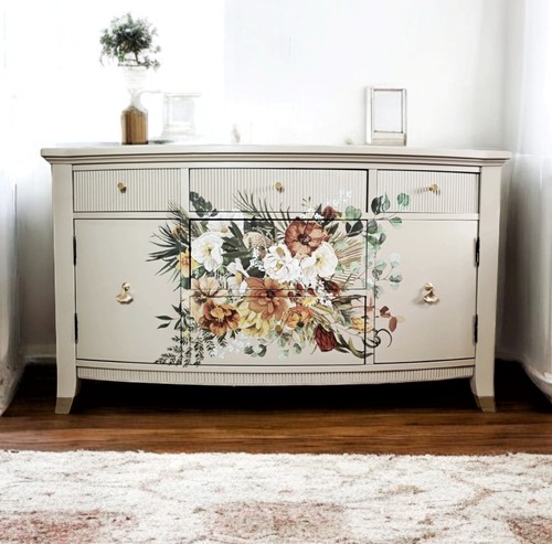 Upcycled Vintage Sideboard In Beige/taupe With A Floral Transfer - Picture 2 of 17