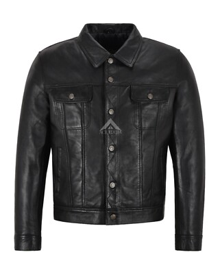 Herren Trucker Jacke schwarz echtes Lammfell Oberteile klassisch Western Hemd Jacke 1280