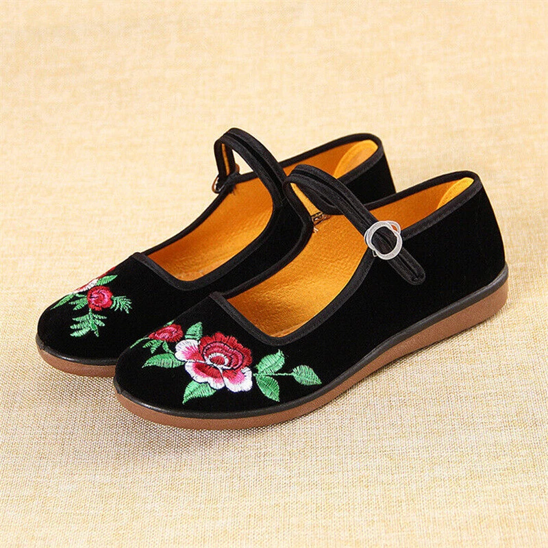 Retro Para Mujer Chino Floral Mary Jane Pisos Trabajo Hebilla Correa Zapatos Informales EE. UU. Foto 4 de 4