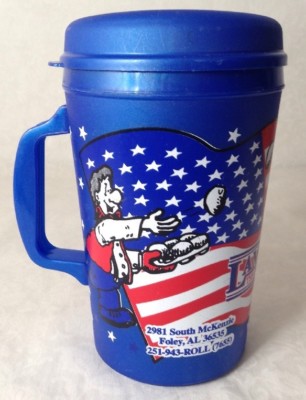 Lamberts Restaurant 22oz Travel Mug Aladdin Home of Throwed Rolls Patriotic Flag