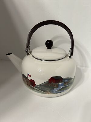 Vintage White Enamel Tea Pot with Wooden Handle with Country Scene