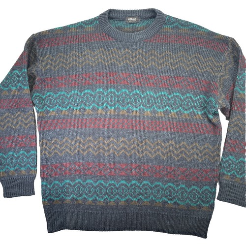 Maglione vintage St Michael geometrico acrilico XL M&S UK maglione nonno grigio blu rosso - Foto 1 di 7