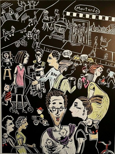 PARK SLOPE NEW YORK KRESSEL MODERNIST ABSTRACT FIGURE STREET SCENE STUDY LINOCUT