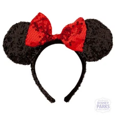 Authentic Disney Parks Minnie Mouse Ears Headband - Sequined Black with Red Bow