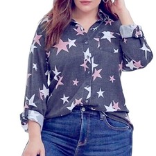 Torrid Womens 00 Gray Pink White Star Print Burnout Button Up Shirt Relaxed