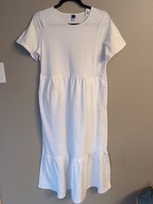 Old Navy Women's Tiered Dress White Slub Knit Midi Swing Dress M Pockets New 