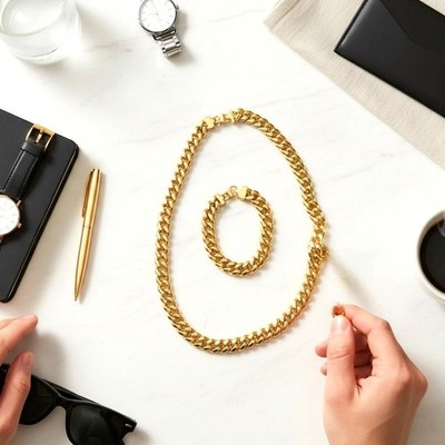 14K Gold Plated Stainless Miami Cuban Link Set Unisex