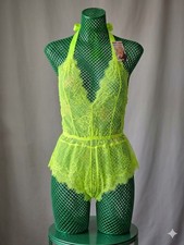 Women s Green Floral Lace Sheer Halter Teddy Bodysuit One Size Bow