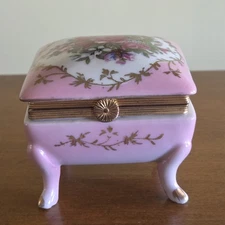 Vintage Norleans Pink with Floral Design Footed Trinket Box Japan 2.25" x 3"