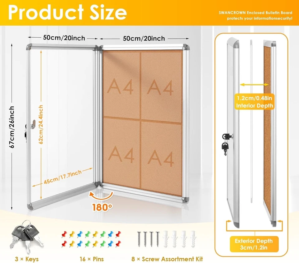 26x20 Inch Tamper-Proof Cork Noticeboard with Silver Frame - Easy Installation - Image 4 of 4