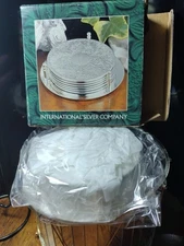 VTG Silver Plated 7 Piece 6 Coaster Set & Holder Engraved Scroll Leaf Design