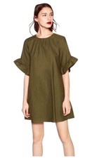 Zara Womens Size Med Olive Green Ruffle Sleeve Romper Shift Dress Side Slits
