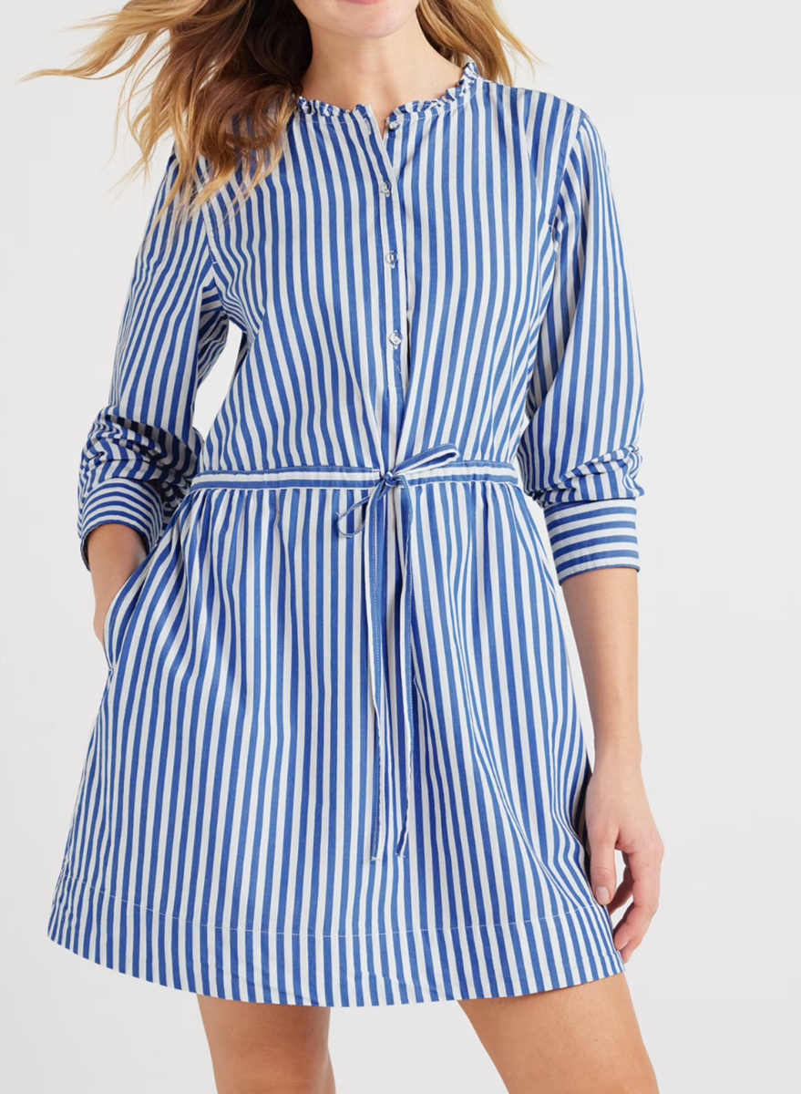 Free Assembly Womens Striped Ruffle Neck Mini Dress Blue Stripe Size XS |  eBay