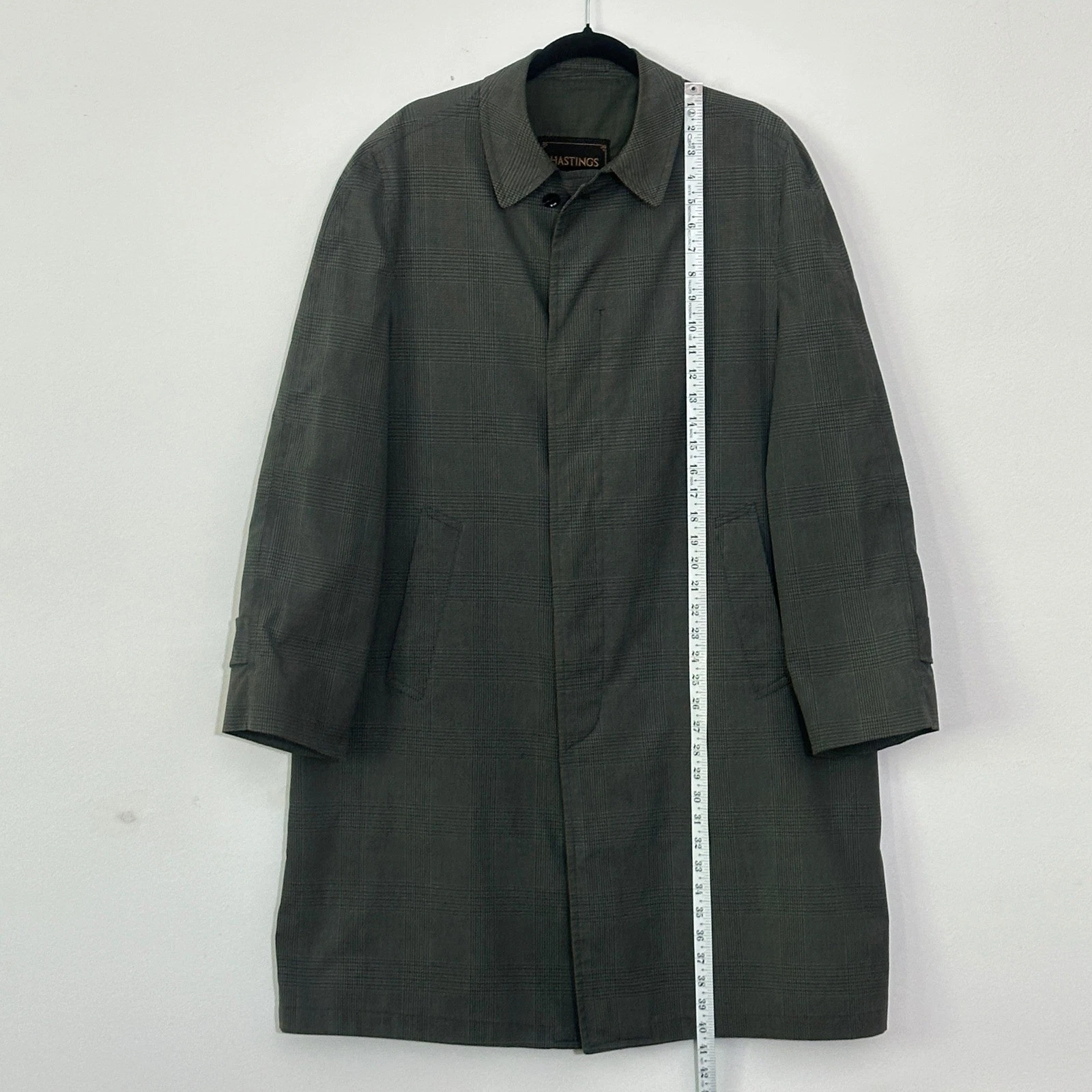 VTG Hastings Mens Mac Coat 40 M Olive Gray Glen Plaid Trench Overcoat Heritage image 5