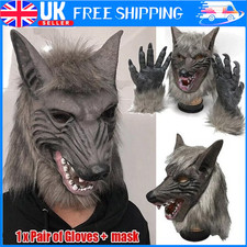 Adults Werewolf Wolf Grey Fairytale Halloween Mask Claws Gloves Costume Kit UK