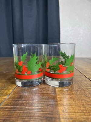 Vintage Libby Christmas Holly & Berries Low Ball/Rocks Glass 10oz- 2 In Set X 2