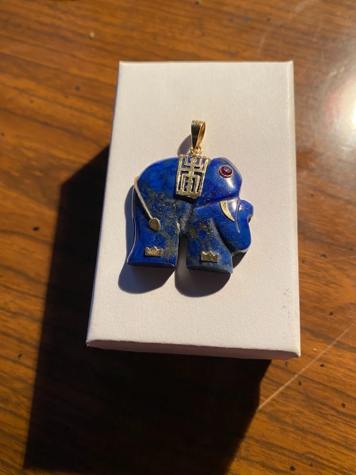 Colgante Elefante De Colección Lapislázuli Natural Oro 14K Ojo Rubí Buena Suerte Foto 2 de 4