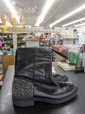 Black Leather Ankle Boots With Rhinestone Accents Zipper Closure