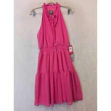 Vince Camuto Women's Size 2 Hot Pink Halter Dress Ruffle Neck Smocked Tiered