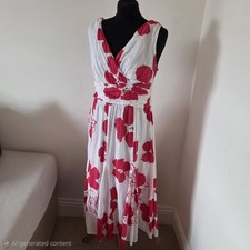 Per Una Womens 14 Long Red Poppy Floral Midi Summer Tea Dress Fit & Flare Cotton