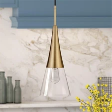 Henn&Hart 7" Metal and Glass Pendant with Cone-Shaped Shade in Brass