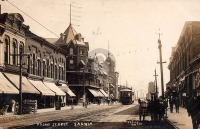 Sarnia Ontario Front Street Trolly Car Many People 1909 RPPC Photo Postcard COPY