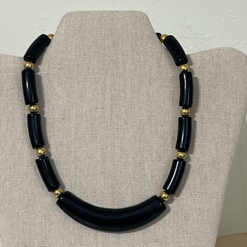 Vintage Signed NAPIER Gold tone Black Plastic Beads 16 “ Statement Necklace