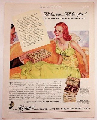 Whitman's Chocolates 1940 Vintage Print Advertisement Saturday Evening Post