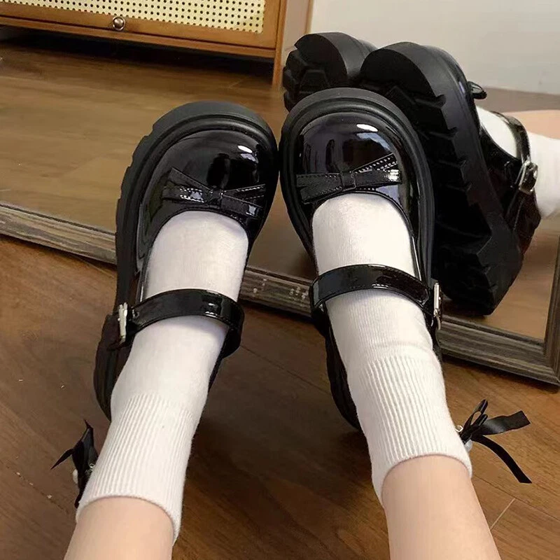 Womens Patent Leather Chunky Heel Mary Janes Buckle Bow Cute Jk Uniform Shoes - Image 2 of 4