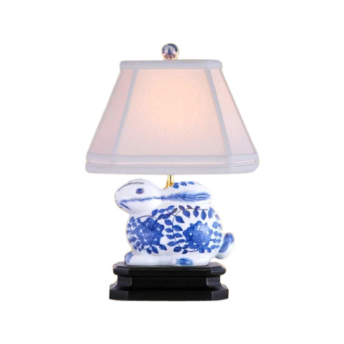 Belle figurine lapin en porcelaine bleue et blanche lampe de table 14,5" - Photo 1 sur 1