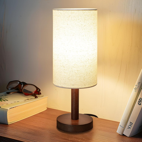 Small Table Lamp for Bedroom, Nightstand Lamp Linen Lampshade Bedroom Wood Base