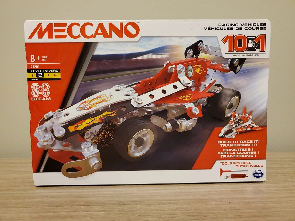 Meccano, 10-in-1 Racing Vehicles STEM Model Building Kit with 225 Parts and  Real