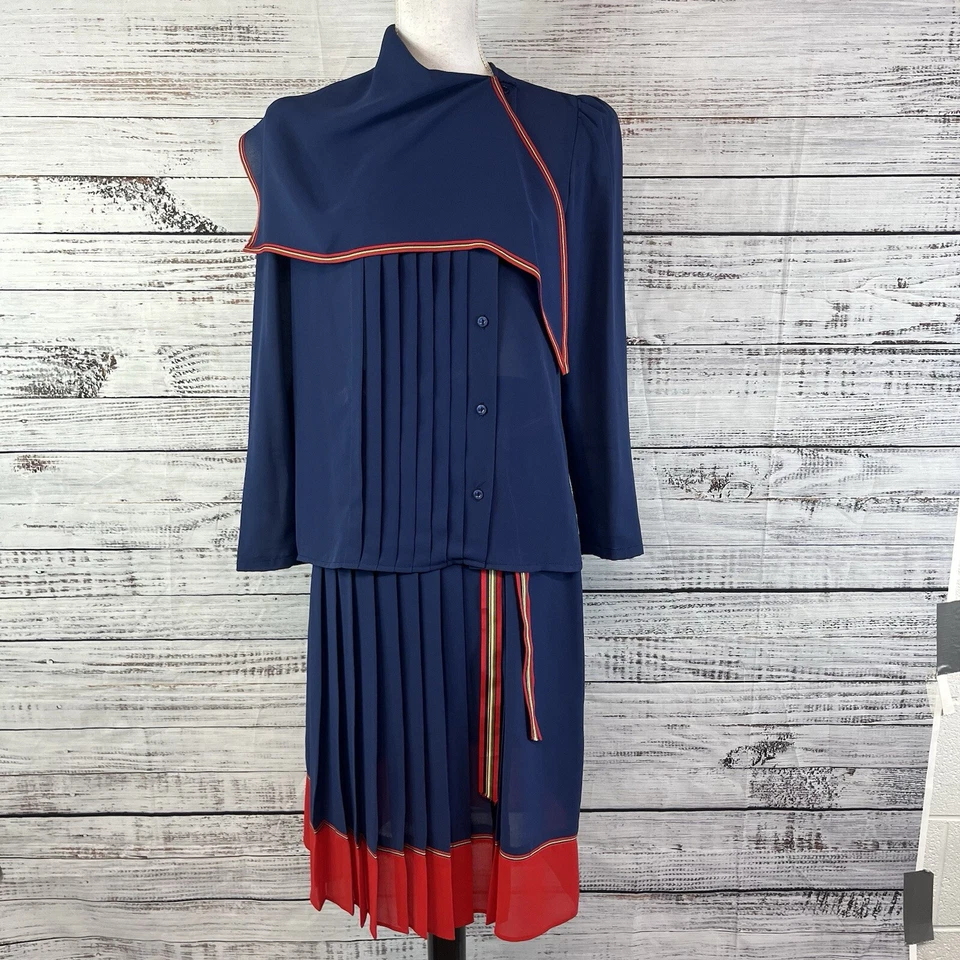 Donna Morgan 2pc Top & Skirt Set Women's Size 7 Navy Blue Red Sailor Vintage 80s - Image 2 of 4