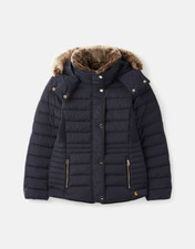 Women's Joules Gosway Fur Trim Padded Coat, Style#214324, Size 6, Marine Navy