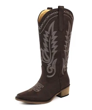 Womens Brown Boots Western Cowboy Snip Toe Leather Knee High Cowgirl AZARWOMAN