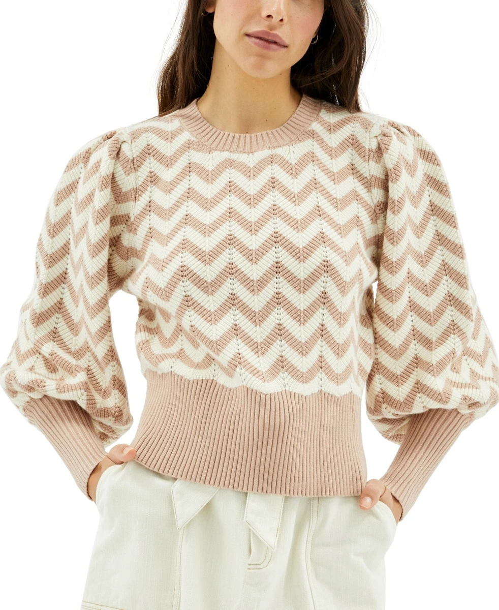 MINKPINK Women s Chevron Print Poet Sleeve Pullover Sweater Brown